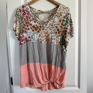 Maurices 24/7 Floral & Stripe V-Neck Knot Hem Top - Pink Size 0X